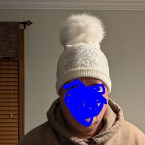 White Knit Beanie with Snowflake Design And Rabbit Fur Pom Pom